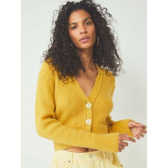 NWT FREE PEOPLE Sz M MIMOSA RIBBED CROPPED CARDIGAN SWEATER In SUNSHINE - Picture 4 of 5